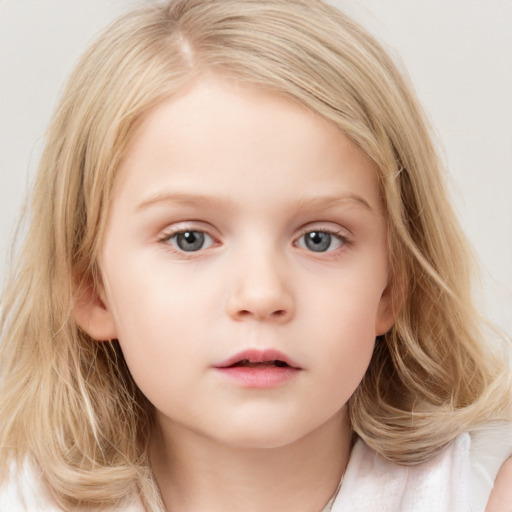 Neutral white child female with medium  brown hair and blue eyes