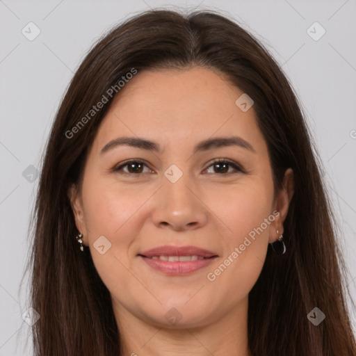 Joyful white young-adult female with long  brown hair and brown eyes