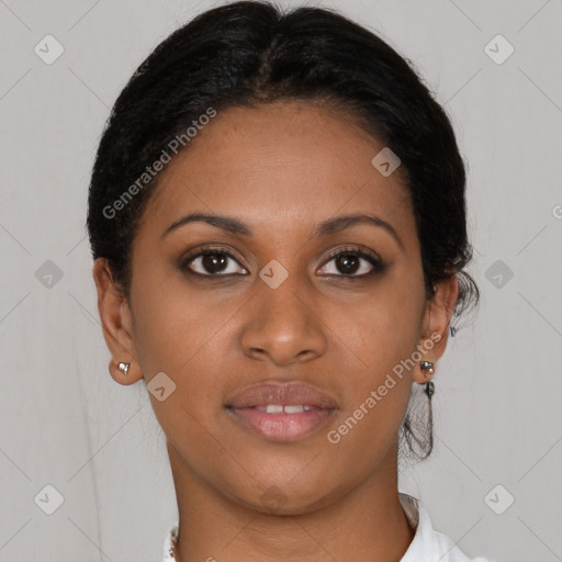 Joyful latino young-adult female with short  brown hair and brown eyes