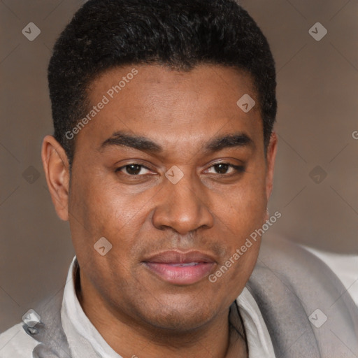 Joyful latino young-adult male with short  brown hair and brown eyes