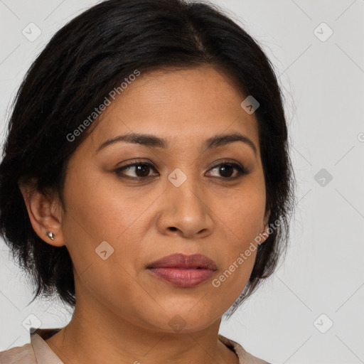 Joyful latino young-adult female with medium  brown hair and brown eyes