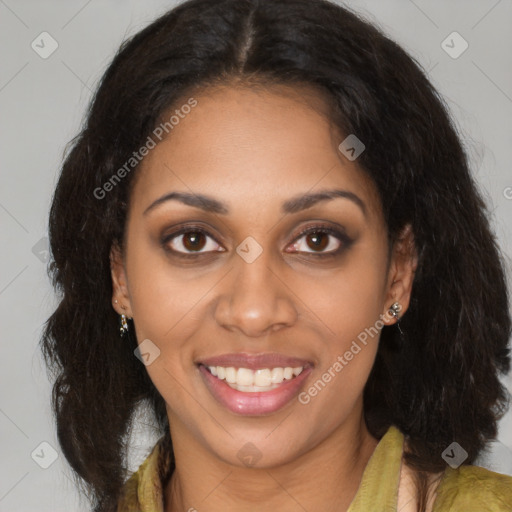 Joyful latino young-adult female with long  brown hair and brown eyes