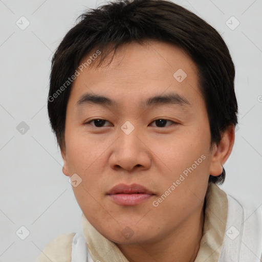 Neutral asian young-adult male with short  brown hair and brown eyes