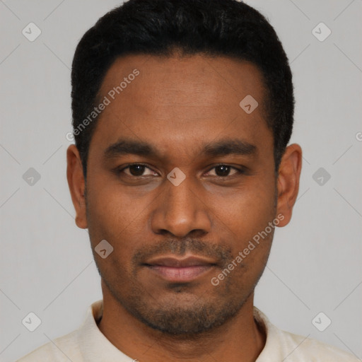 Neutral latino young-adult male with short  black hair and brown eyes