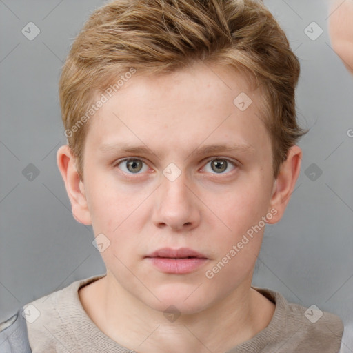 Neutral white young-adult male with short  brown hair and grey eyes