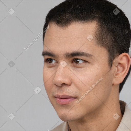 Neutral latino young-adult male with short  black hair and brown eyes