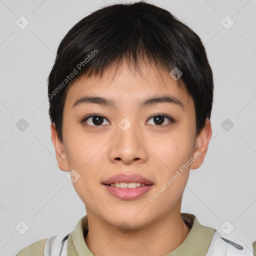 Joyful asian young-adult female with short  black hair and brown eyes