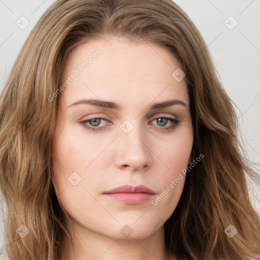 Neutral white young-adult female with long  brown hair and grey eyes