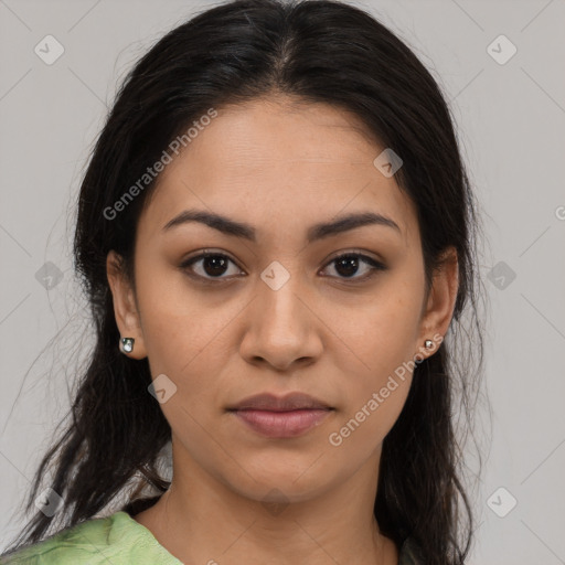 Joyful latino young-adult female with long  brown hair and brown eyes