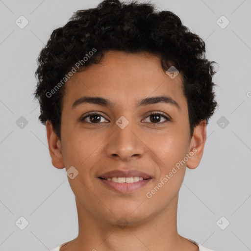 Joyful latino young-adult female with short  brown hair and brown eyes