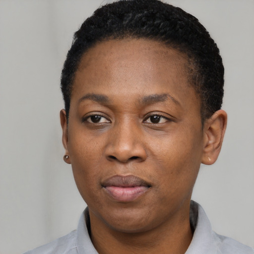 Neutral black young-adult female with short  black hair and brown eyes