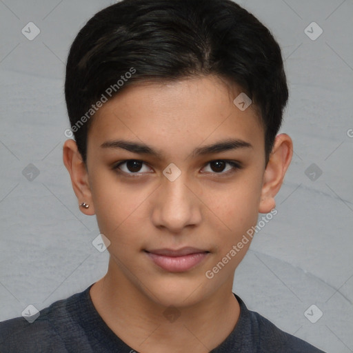 Joyful white child female with short  brown hair and brown eyes