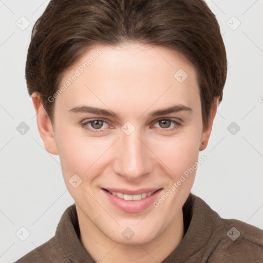 Joyful white young-adult female with short  brown hair and grey eyes