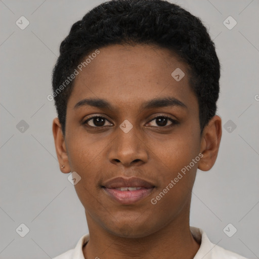 Neutral black young-adult male with short  black hair and brown eyes