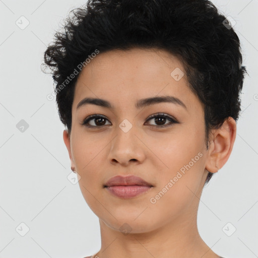 Neutral latino young-adult female with short  black hair and brown eyes