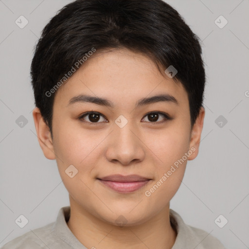 Joyful asian young-adult female with short  brown hair and brown eyes