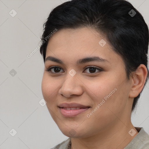 Joyful latino young-adult female with short  brown hair and brown eyes