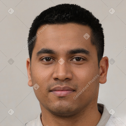 Neutral latino young-adult male with short  black hair and brown eyes