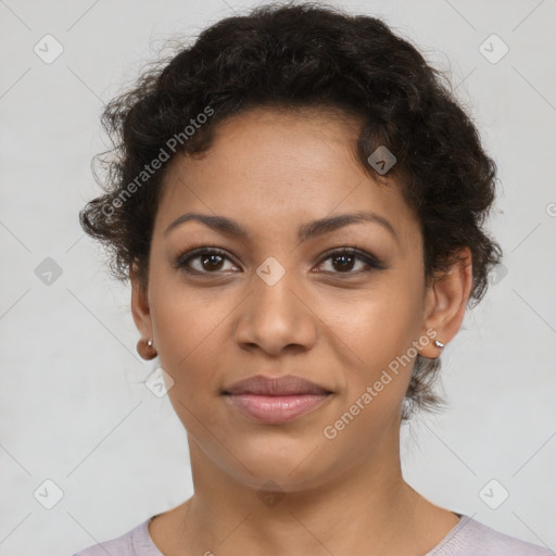 Joyful latino young-adult female with short  brown hair and brown eyes