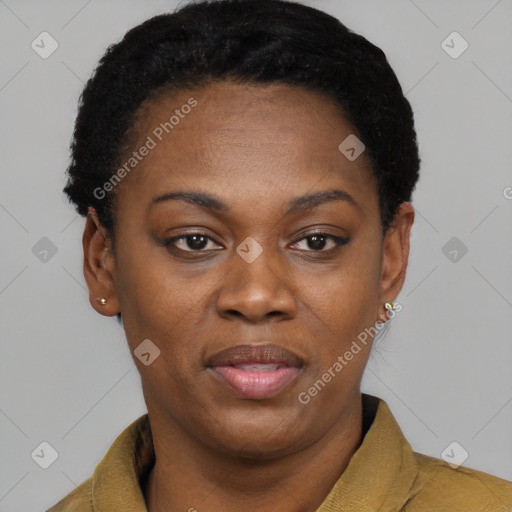 Joyful black young-adult female with short  black hair and brown eyes