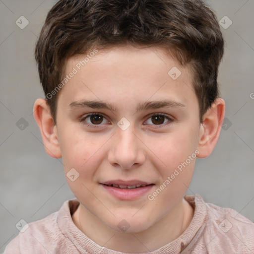 Joyful white child male with short  brown hair and brown eyes