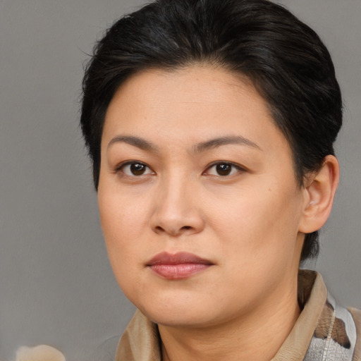 Joyful asian young-adult female with medium  brown hair and brown eyes