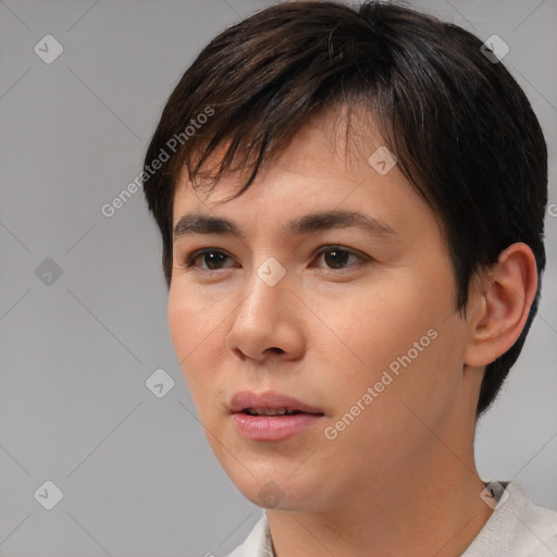 Neutral white young-adult female with short  brown hair and brown eyes