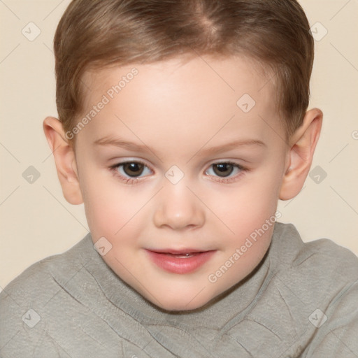 Joyful white child female with short  brown hair and brown eyes