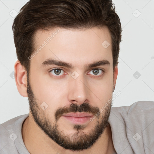 Neutral white young-adult male with short  brown hair and brown eyes