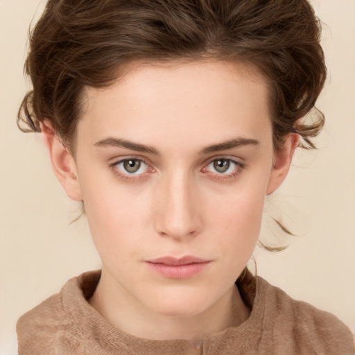 Neutral white young-adult female with short  brown hair and grey eyes