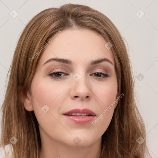 Neutral white young-adult female with long  brown hair and brown eyes