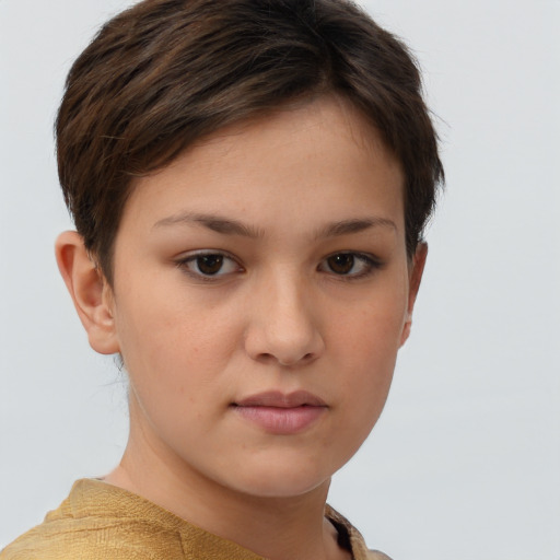 Neutral white young-adult female with short  brown hair and brown eyes
