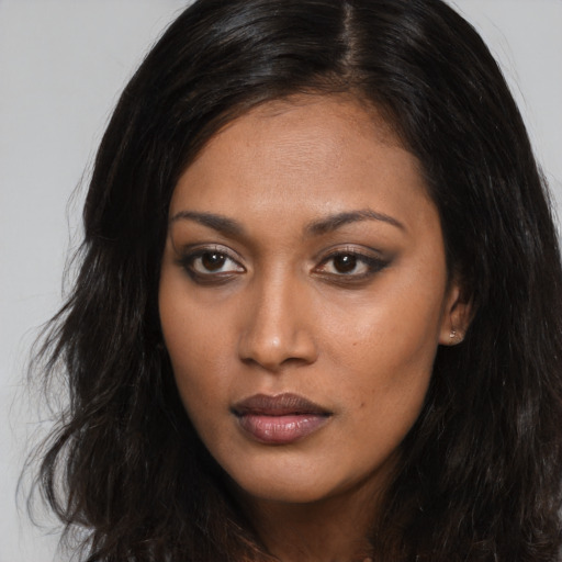 Neutral asian young-adult female with long  brown hair and brown eyes