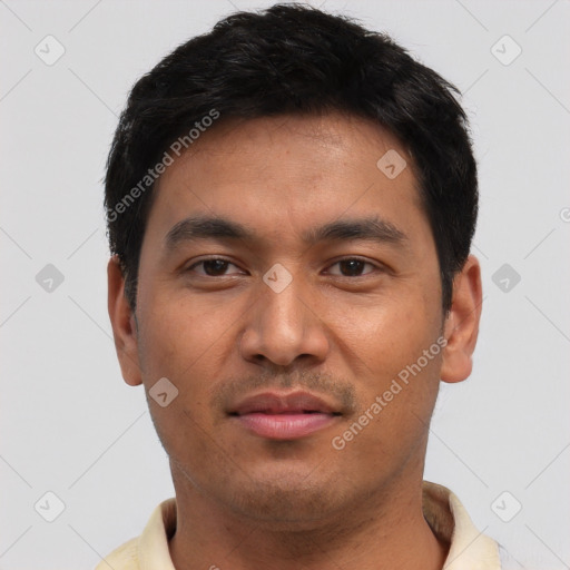 Neutral asian young-adult male with short  black hair and brown eyes