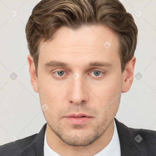 Neutral white young-adult male with short  brown hair and brown eyes