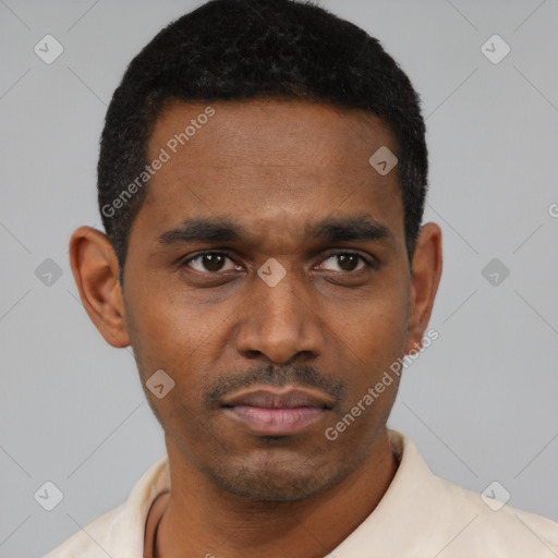 Neutral latino young-adult male with short  black hair and brown eyes