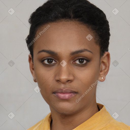 Neutral black young-adult female with short  black hair and brown eyes