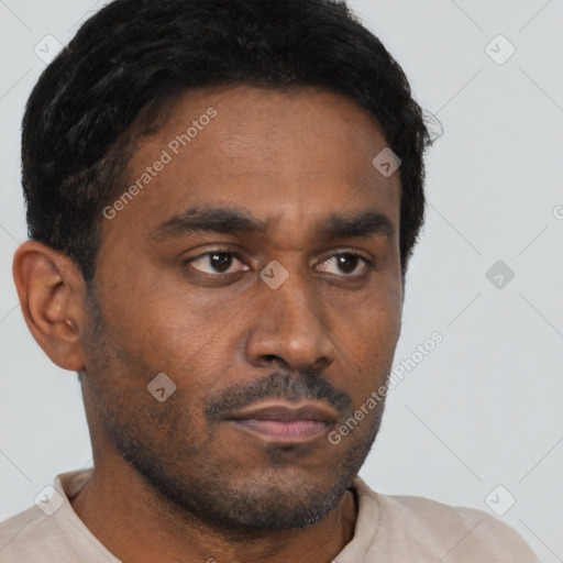 Neutral latino young-adult male with short  brown hair and brown eyes