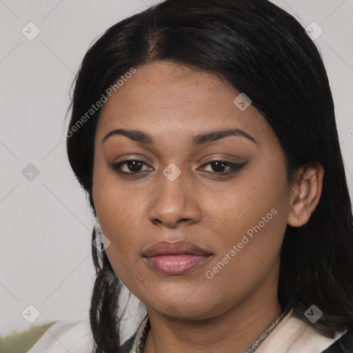 Joyful asian young-adult female with medium  black hair and brown eyes