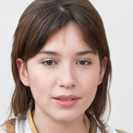 Neutral white young-adult female with medium  brown hair and grey eyes