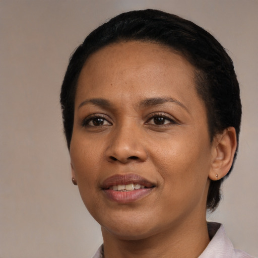 Joyful black young-adult female with short  black hair and brown eyes