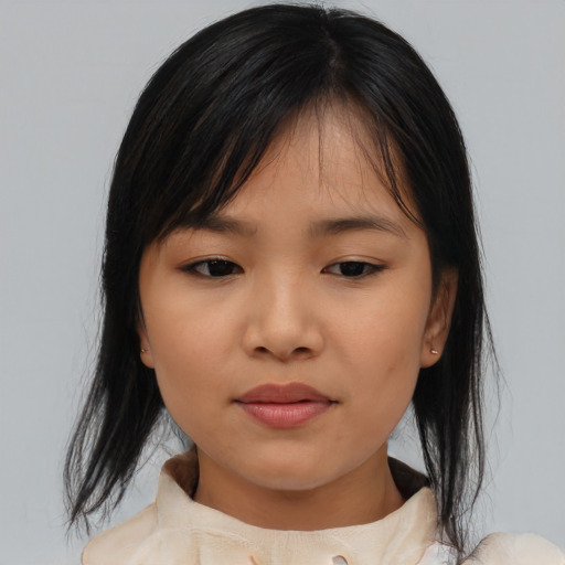Neutral asian young-adult female with medium  black hair and brown eyes