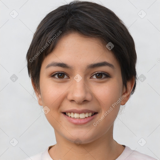 Joyful white young-adult female with short  brown hair and brown eyes