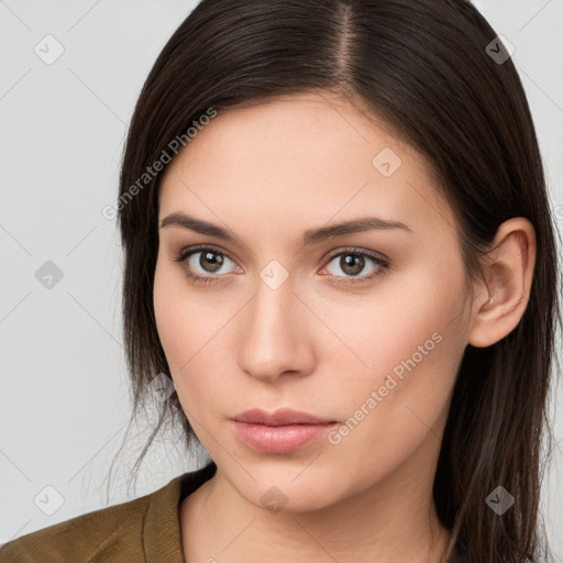 Neutral white young-adult female with long  brown hair and brown eyes