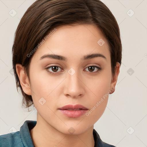 Neutral white young-adult female with medium  brown hair and brown eyes