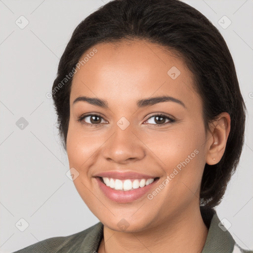 Joyful white young-adult female with medium  brown hair and brown eyes