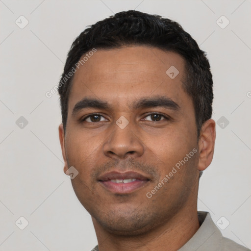 Neutral latino young-adult male with short  black hair and brown eyes