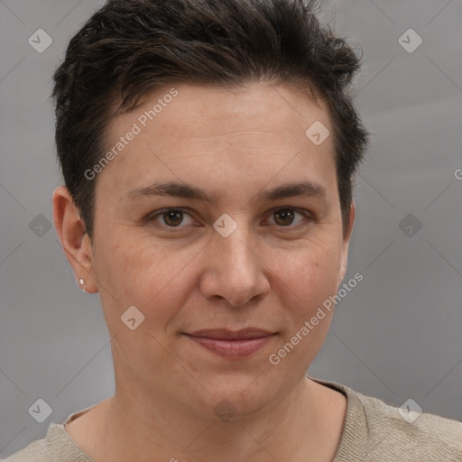 Joyful white young-adult female with short  brown hair and brown eyes