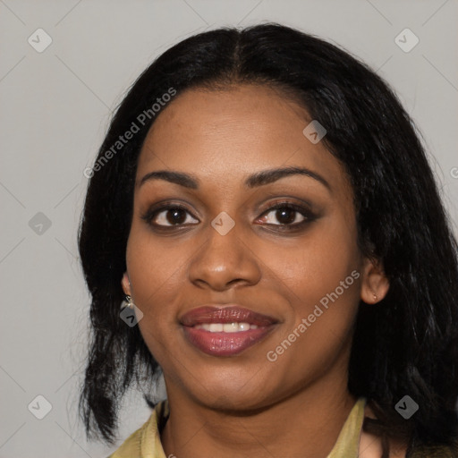 Joyful latino young-adult female with medium  black hair and brown eyes