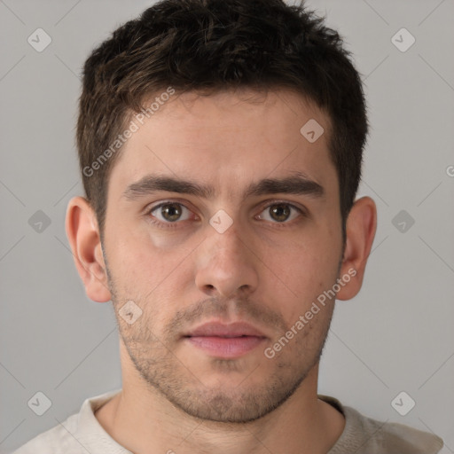 Neutral white young-adult male with short  brown hair and brown eyes